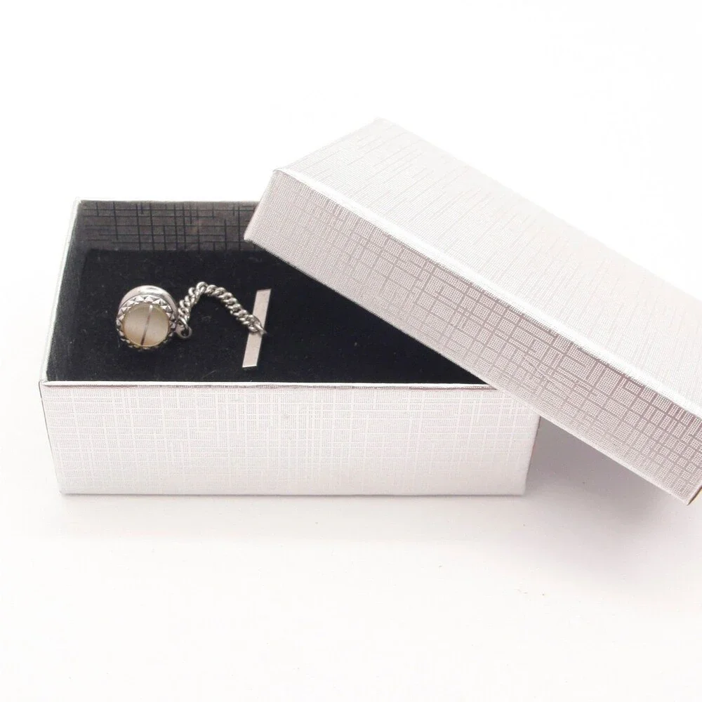 Vintage Silver Tone Faux Cat Eye Moonglow Lucite Tie Tack Pin With Bar Chain